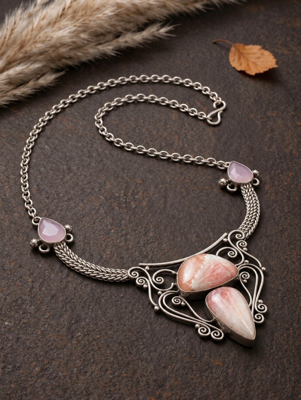 Scolecite Rose Chalcedony Statement Necklace 925 Sterling Silver Artisan 19"L
